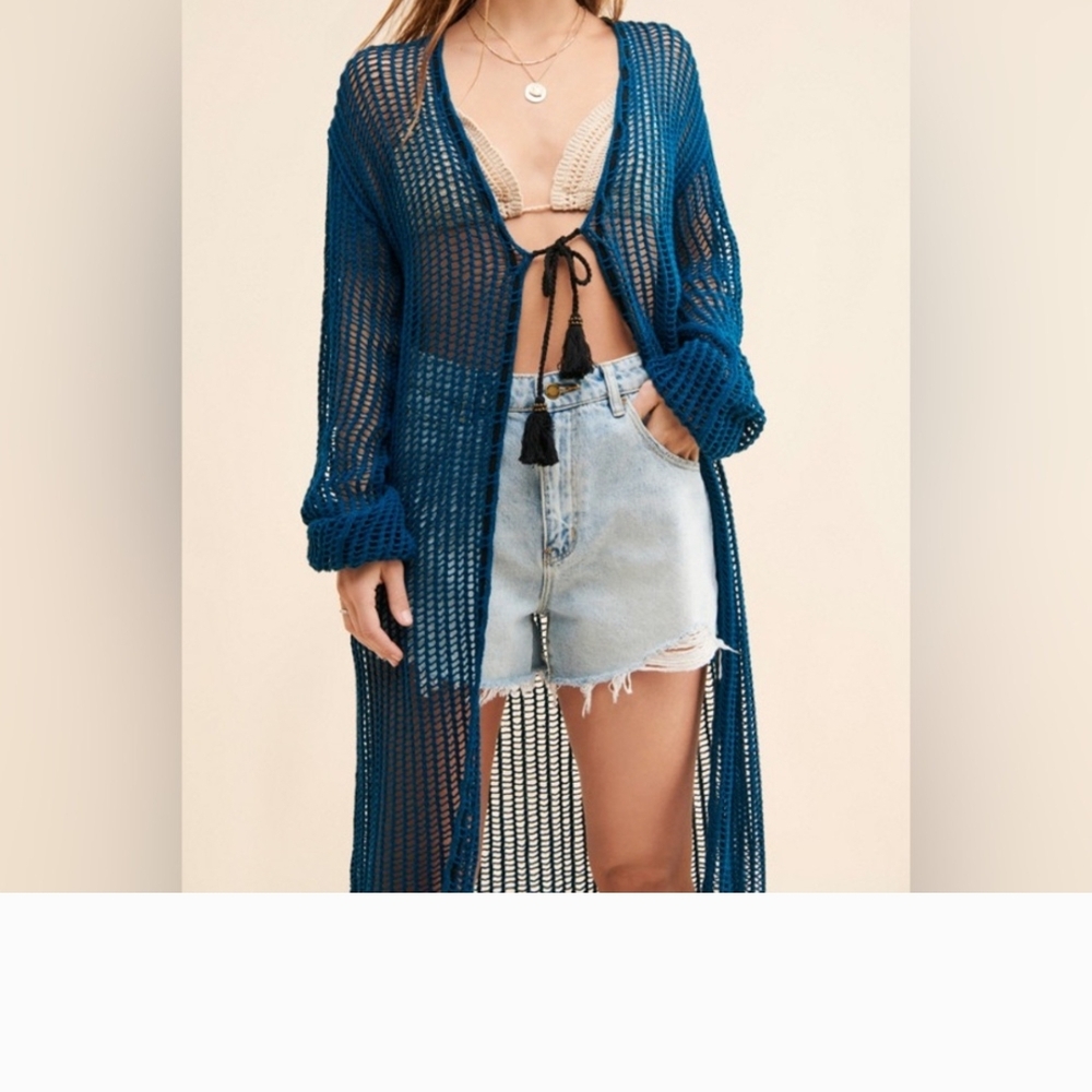 Free People Blue Open-Knit Cardigan